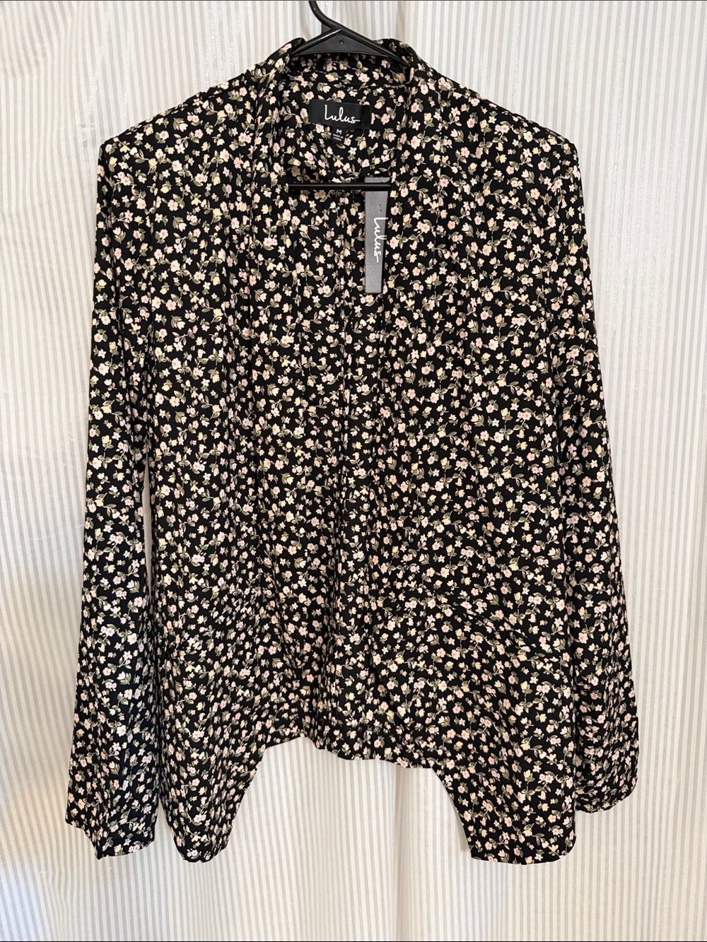 Lulu's Black Floral Button-Down Shirt with Cream & Light Pink Blooms
